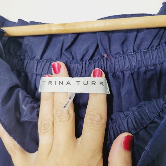 Trina Turk Off Shoulder Ruffle Cotton Blend Shift Dress 3/4 Balloon Sleeve Navy - Picture 6 of 9